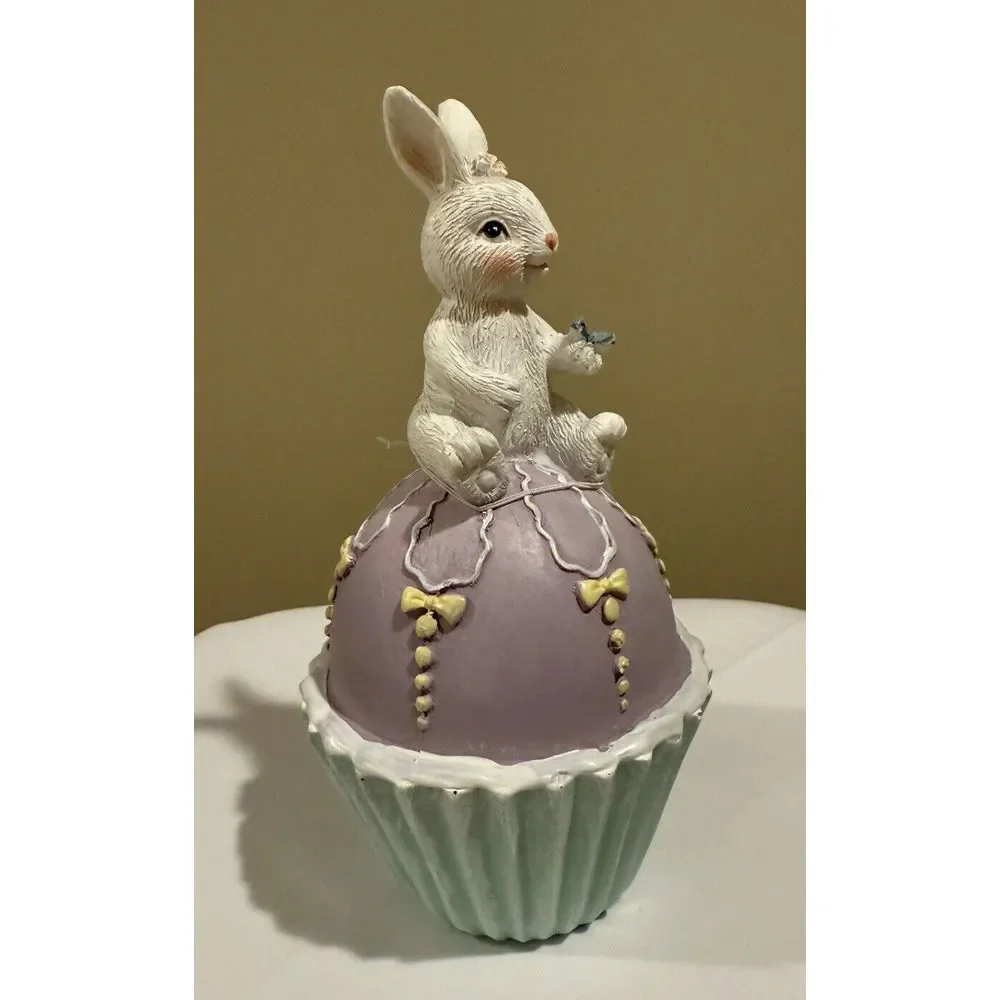 CUPCAKES AND CASHMERE Pastel Easter Bunny‎ Sitting on a Cupcake Egg Figurine NWT